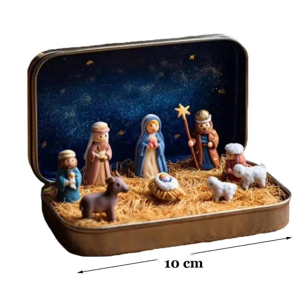 medida do presépio em miniatura na lata com 10 cm