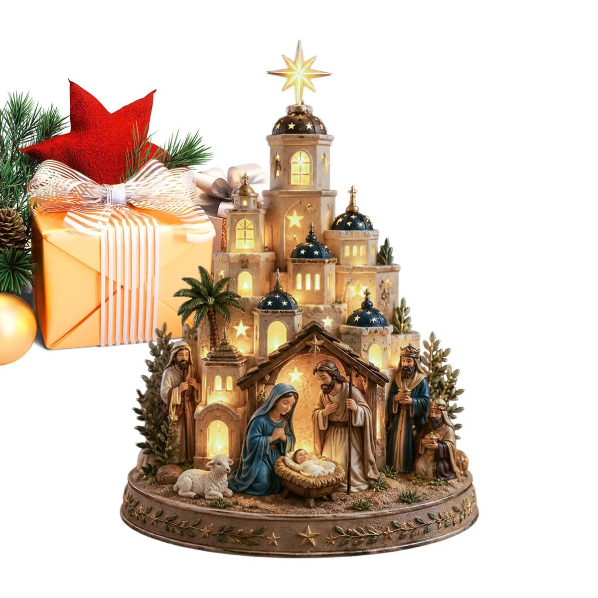 presépio iluminado cidade de belém com estrela e sagrada família
