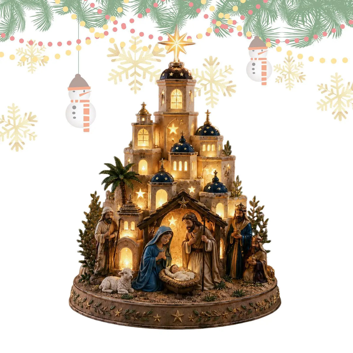 presépio iluminado de belém com reis magos e flocos de neve