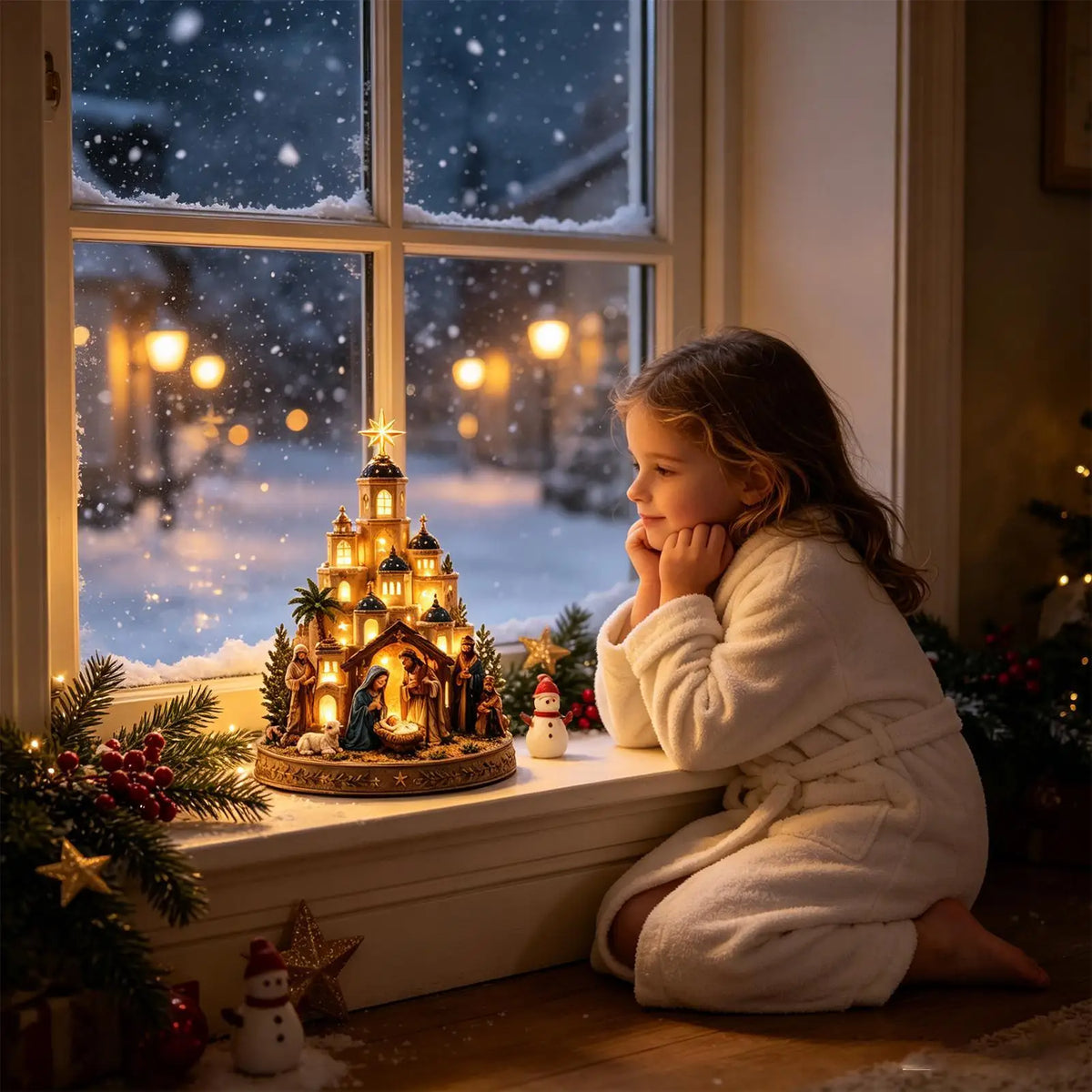 menina olhando presépio iluminado na janela em noite de neve