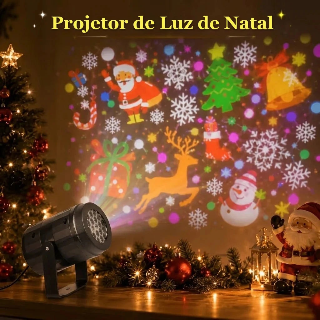 projetor de luz de natal projetando papai noel e renas na parede