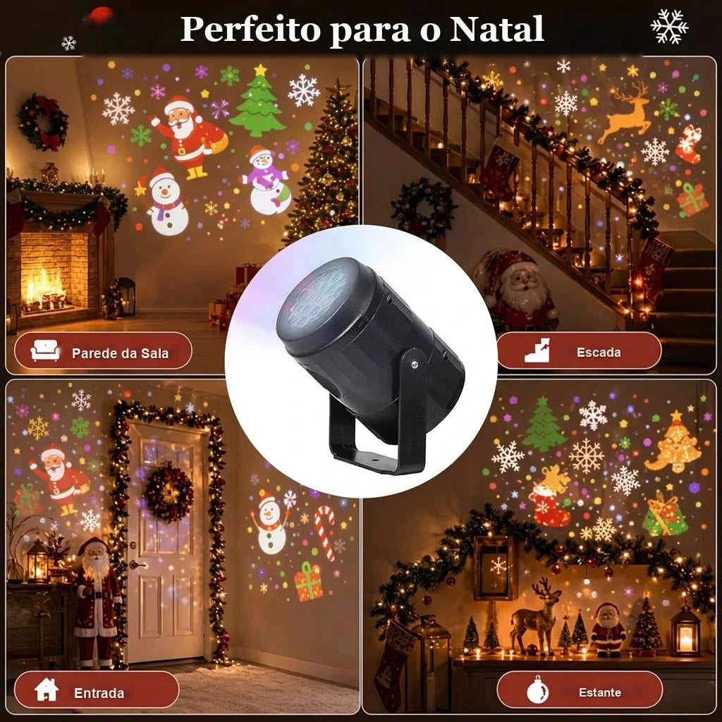projetor de natal na parede da sala escada e entrada
