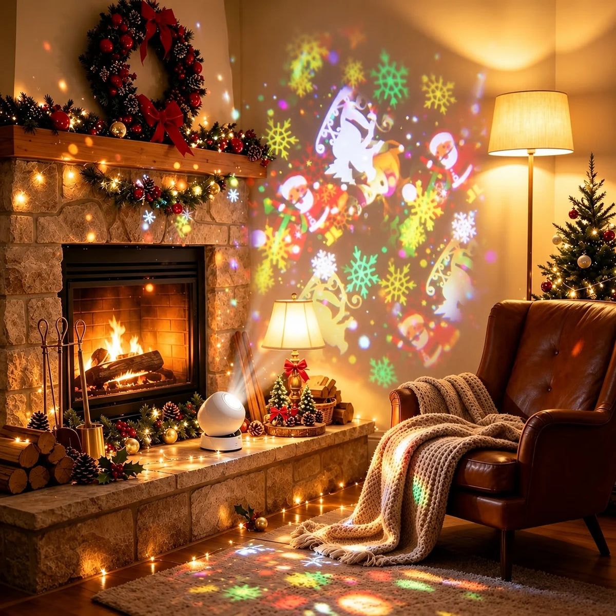 projetor de natal colorido na lareira projetando papai noel na parede