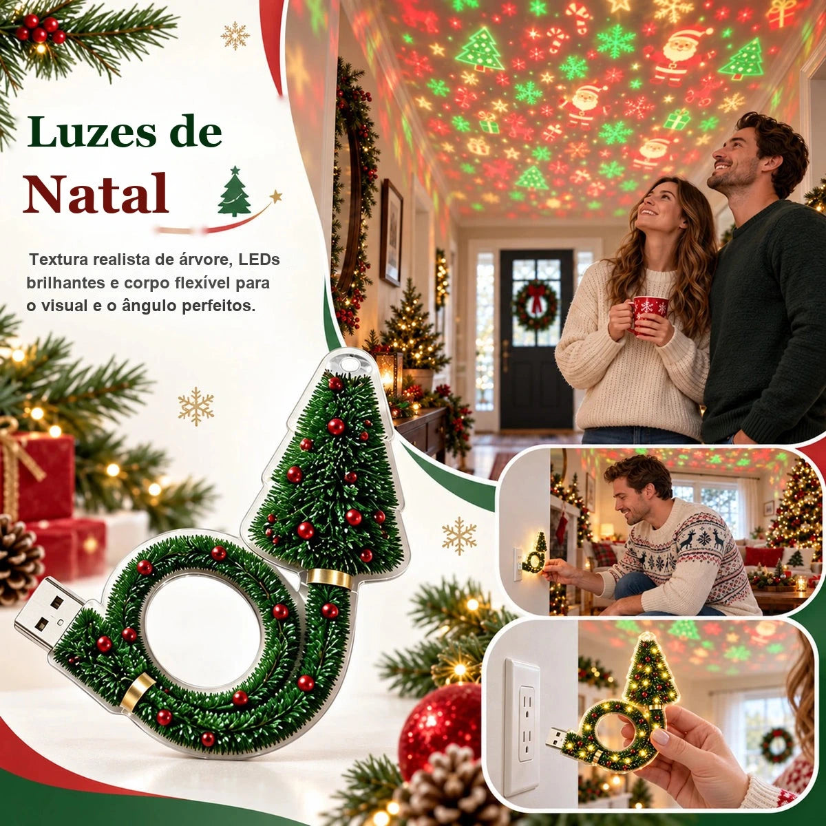 projetor de natal usb árvore flexível com leds e projeção no teto