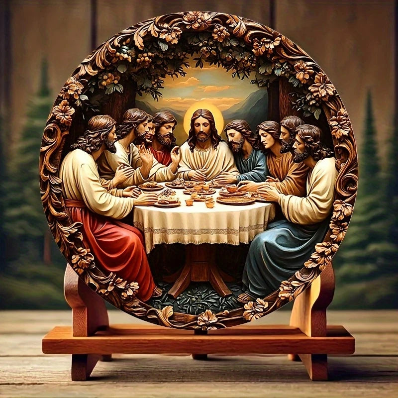 quadro redondo de madeira santa ceia com moldura floral em suporte