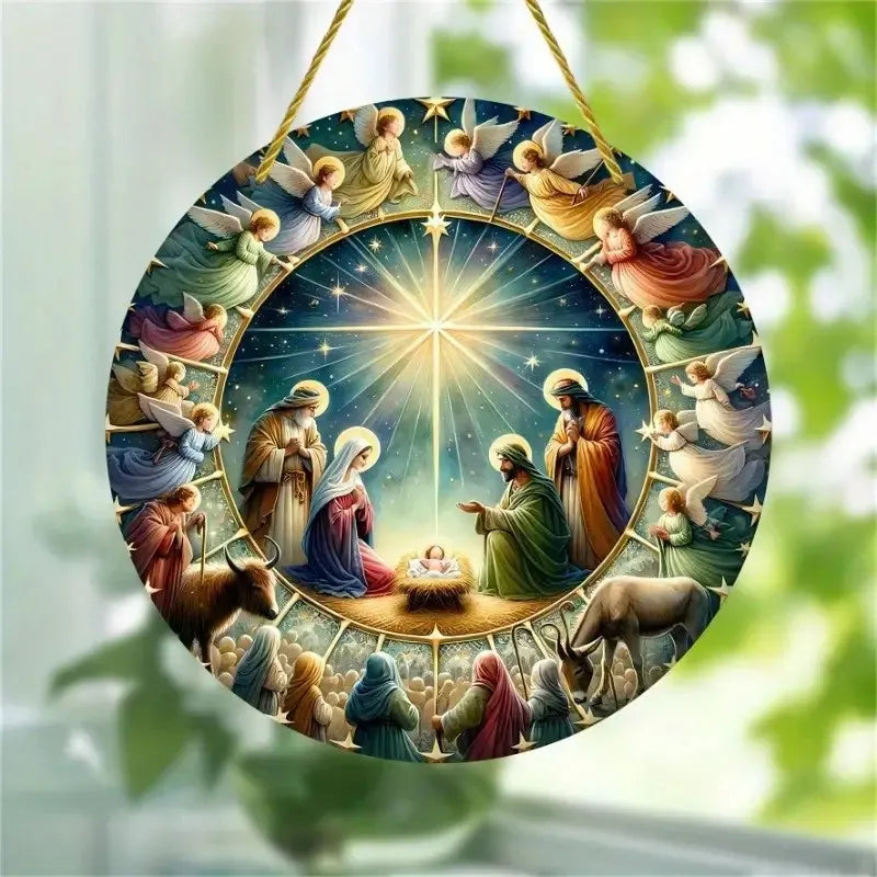 quadro religioso de natal natividade com anjos pendurado na janela