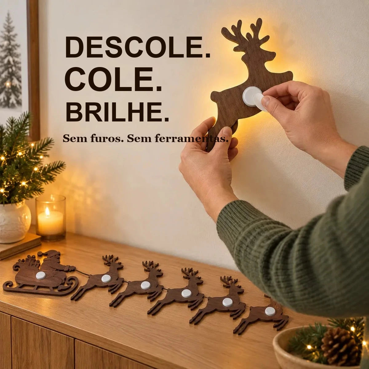 instalação adesiva da silhueta de rena de madeira na parede