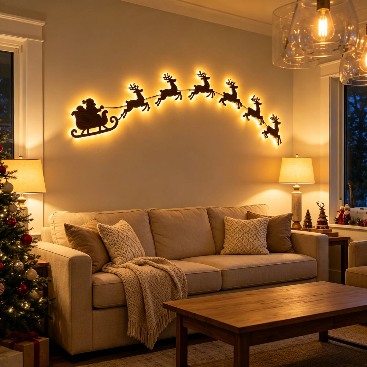 decoração de natal de renas com led acima do sofá da sala